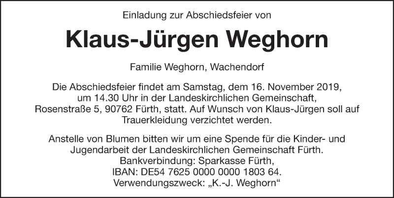  Traueranzeige für Klaus-Jürgen Weghorn vom 13.11.2019 aus Fürther Nachrichten Lokal