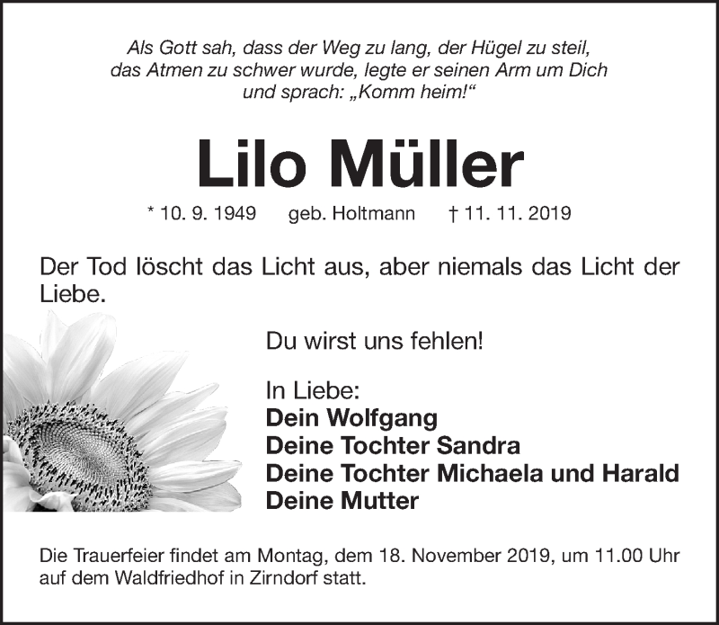  Traueranzeige für Lilo Müller vom 15.11.2019 aus Fürther Nachrichten Lokal