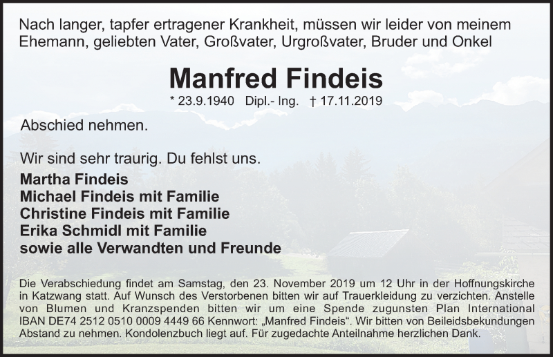  Traueranzeige für Manfred Findeis vom 20.11.2019 aus Gesamtausgabe Nürnberger Nachrichten/ Nürnberger Ztg.