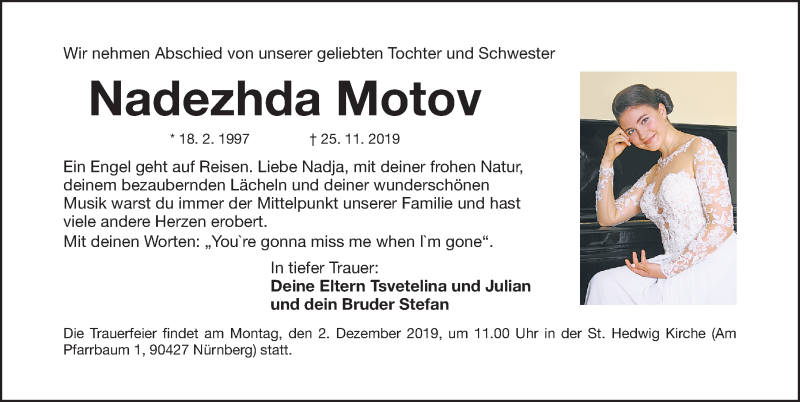  Traueranzeige für Nadezhda Motov vom 29.11.2019 aus Erlanger Nachrichten Lokal