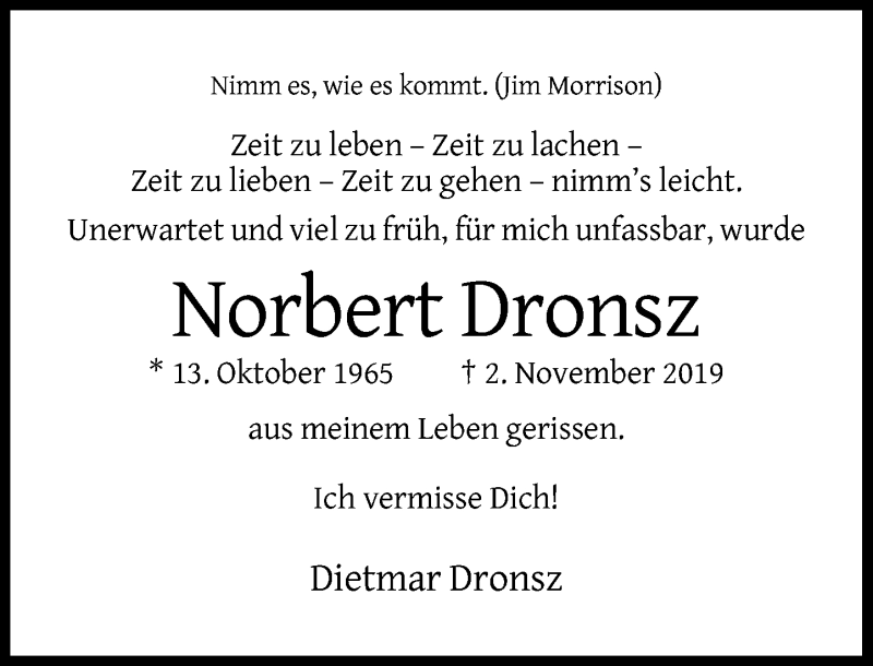  Traueranzeige für Norbert Dronsz vom 29.11.2019 aus Gesamtausgabe Nürnberger Nachrichten/ Nürnberger Ztg.