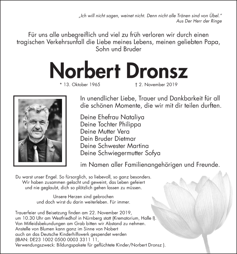  Traueranzeige für Norbert Dronsz vom 19.11.2019 aus Gesamtausgabe Nürnberger Nachrichten/ Nürnberger Ztg.