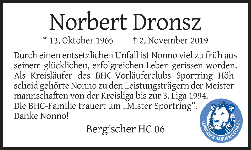  Traueranzeige für Norbert Dronsz vom 29.11.2019 aus Gesamtausgabe Nürnberger Nachrichten/ Nürnberger Ztg.