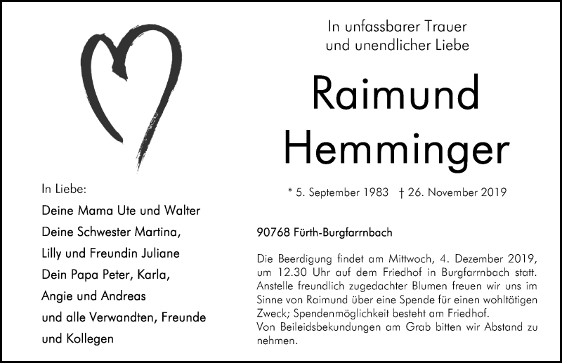  Traueranzeige für Raimund Hemminger vom 30.11.2019 aus Gesamtausgabe Nürnberger Nachrichten/ Nürnberger Ztg.