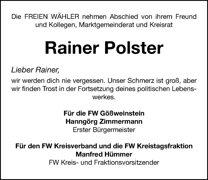  Traueranzeige für Rainer Polster vom 30.11.2019 aus Nordbayerische Nachrichten Forchheim Lokal