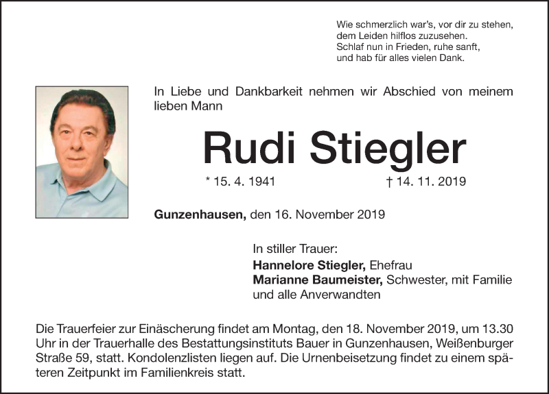 Traueranzeige für Rudi Stiegler vom 16.11.2019 aus Altmühl-Bote Lokal