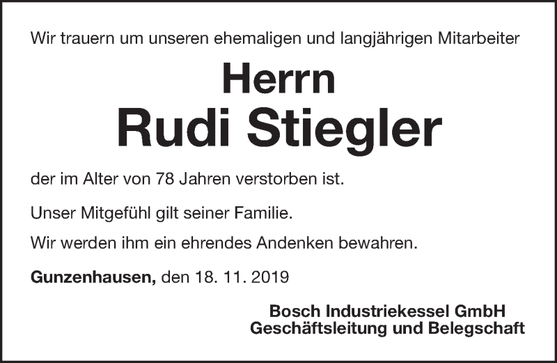  Traueranzeige für Rudi Stiegler vom 18.11.2019 aus Altmühl-Bote Lokal