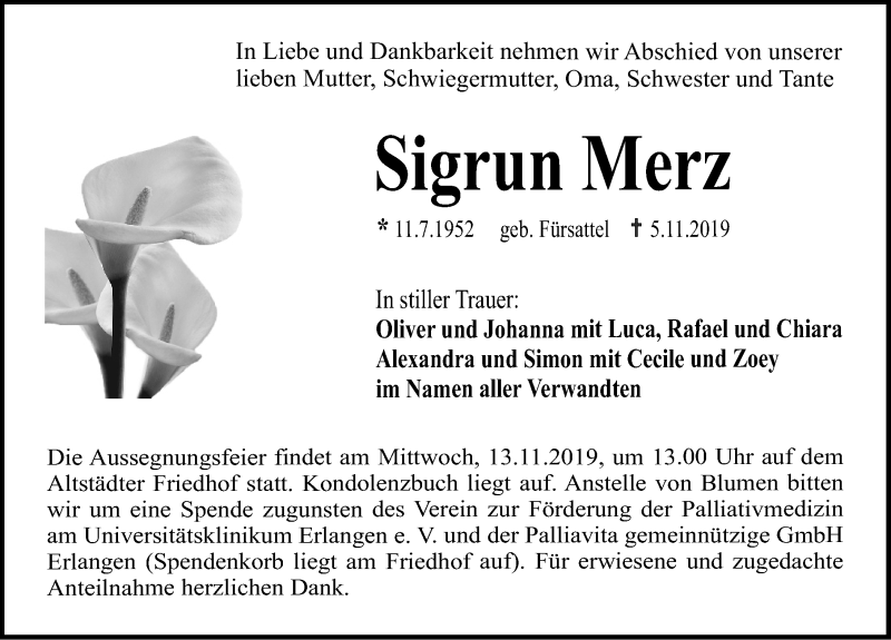  Traueranzeige für Sigrun Merz vom 09.11.2019 aus Erlanger Nachrichten Lokal