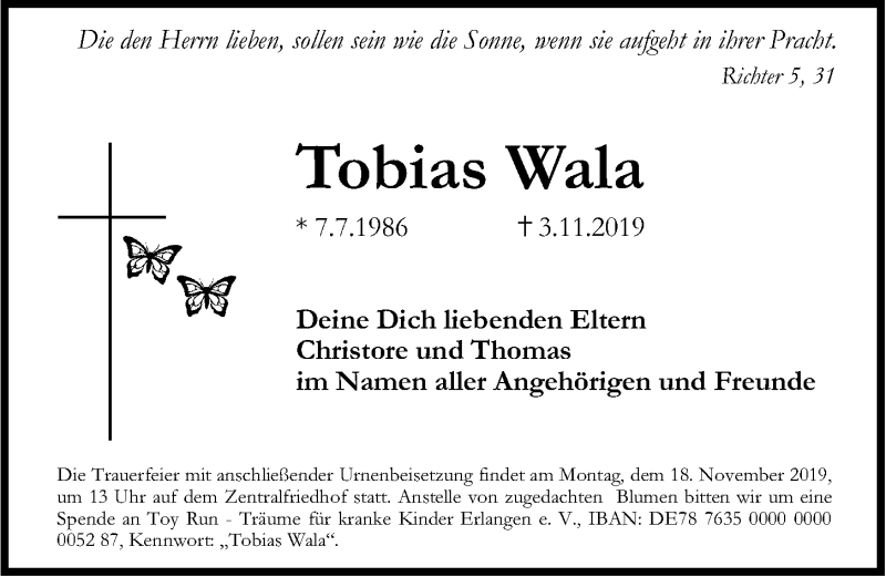  Traueranzeige für Tobias Wala vom 13.11.2019 aus Erlanger Nachrichten Lokal