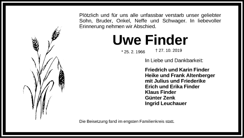  Traueranzeige für Uwe Finder vom 16.11.2019 aus Gesamtausgabe Nürnberger Nachrichten/ Nürnberger Ztg.