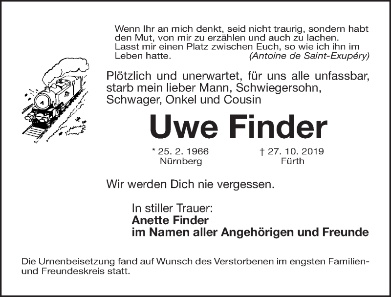  Traueranzeige für Uwe Finder vom 16.11.2019 aus Gesamtausgabe Nürnberger Nachrichten/ Nürnberger Ztg.