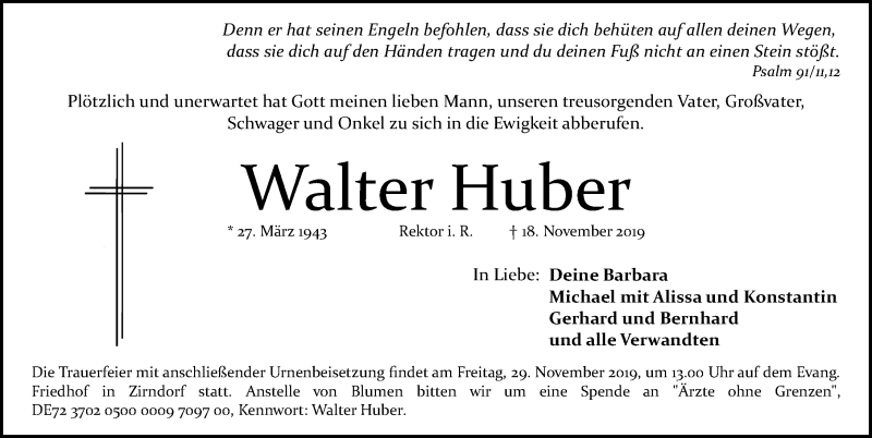  Traueranzeige für Walter Huber vom 27.11.2019 aus Gesamtausgabe Nürnberger Nachrichten/ Nürnberger Zeitung