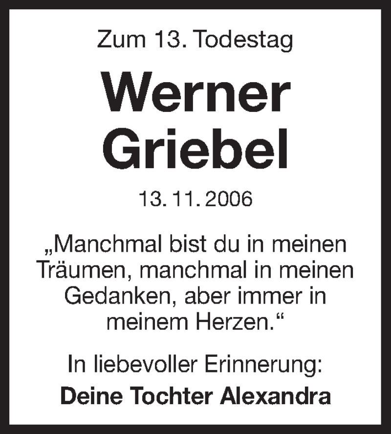  Traueranzeige für Werner Griebel vom 13.11.2019 aus Erlanger Nachrichten Lokal