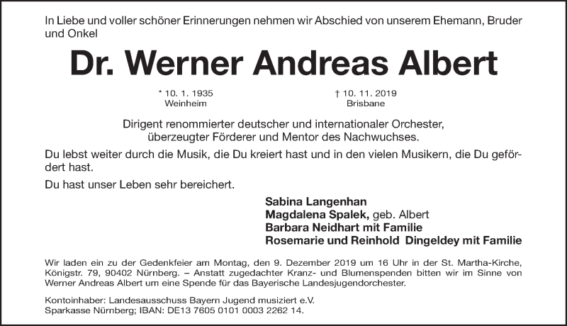  Traueranzeige für Werner Andreas Albert  vom 16.11.2019 aus Gesamtausgabe Nürnberger Nachrichten/ Nürnberger Ztg.