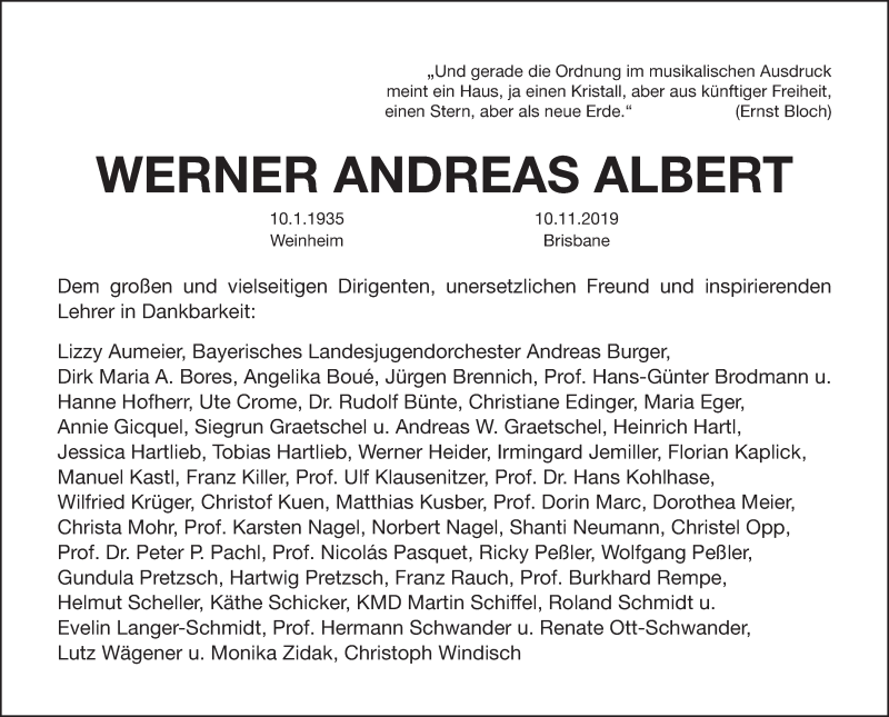  Traueranzeige für Werner Andreas Albert  vom 16.11.2019 aus Gesamtausgabe Nürnberger Nachrichten/ Nürnberger Ztg.