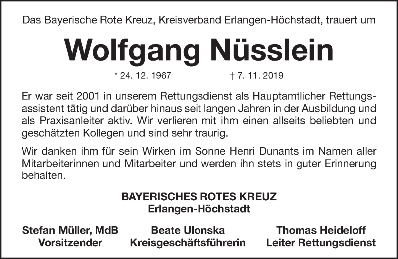  Traueranzeige für Wolfgang Nüsslein vom 09.11.2019 aus Erlanger Nachrichten Lokal