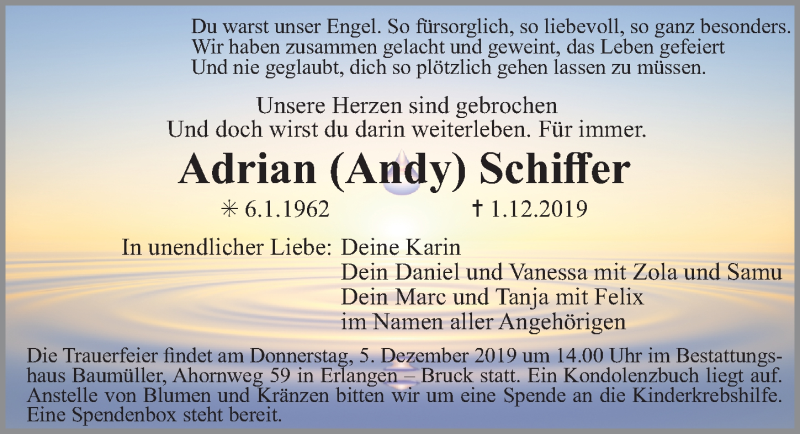  Traueranzeige für Adrian Schiffer vom 03.12.2019 aus Gesamtausgabe Nürnberger Nachrichten/ Nürnberger Ztg.
