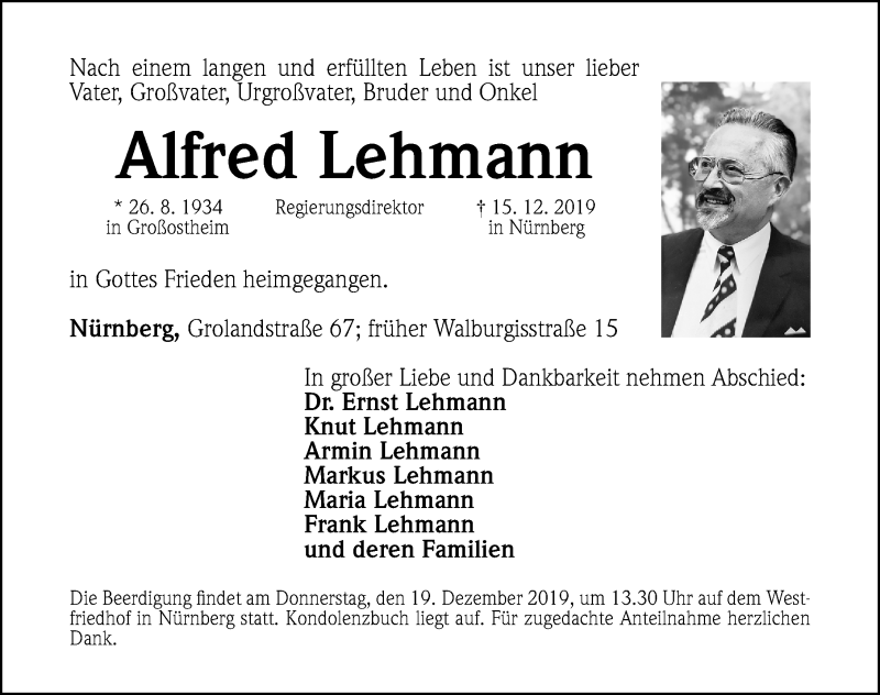  Traueranzeige für Alfred Lehmann vom 16.12.2019 aus Gesamtausgabe Nürnberger Nachrichten/ Nürnberger Ztg.