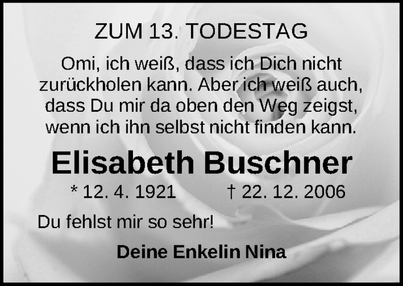 Traueranzeige für Elisabeth Buschner vom 21.12.2019 aus Erlanger Nachrichten Lokal