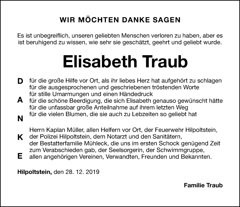  Traueranzeige für Elisabeth Traub vom 28.12.2019 aus Roth-Hilpoltsteiner Volkszeitung Lokal