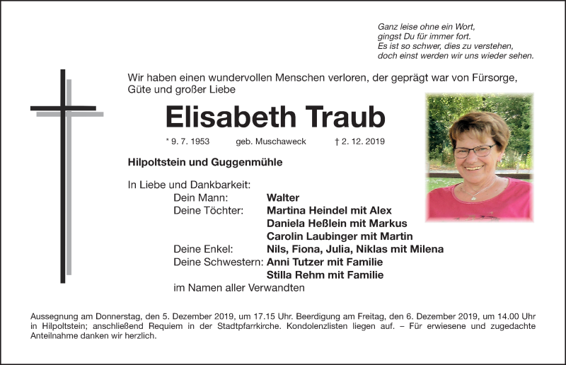  Traueranzeige für Elisabeth Traub vom 04.12.2019 aus Roth-Hilpoltsteiner Volkszeitung Lokal