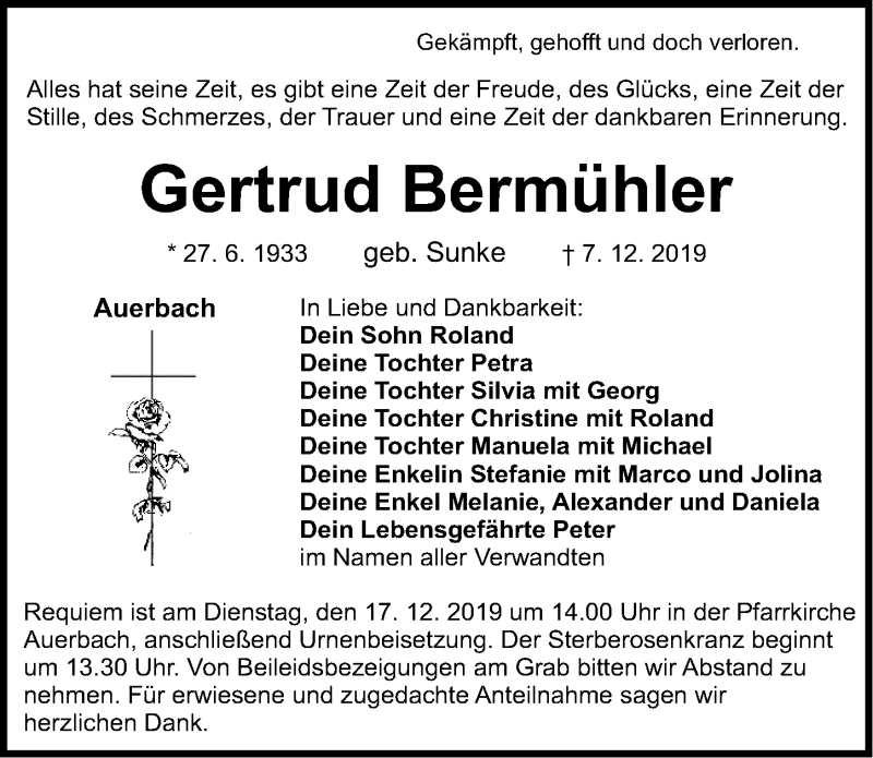  Traueranzeige für Gertrud Bermühler vom 11.12.2019 aus Nordbayerische Nachrichten Pegnitz Lokal