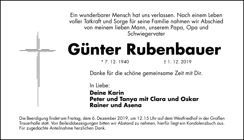  Traueranzeige für Günter Rubenbauer vom 04.12.2019 aus Gesamtausgabe Nürnberger Nachrichten/ Nürnberger Ztg.