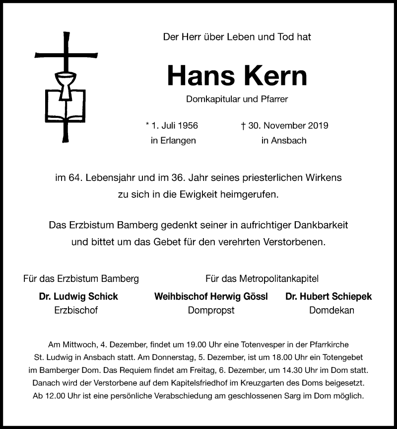  Traueranzeige für Hans Kern vom 03.12.2019 aus Gesamtausgabe Nürnberger Nachrichten/ Nürnberger Ztg.