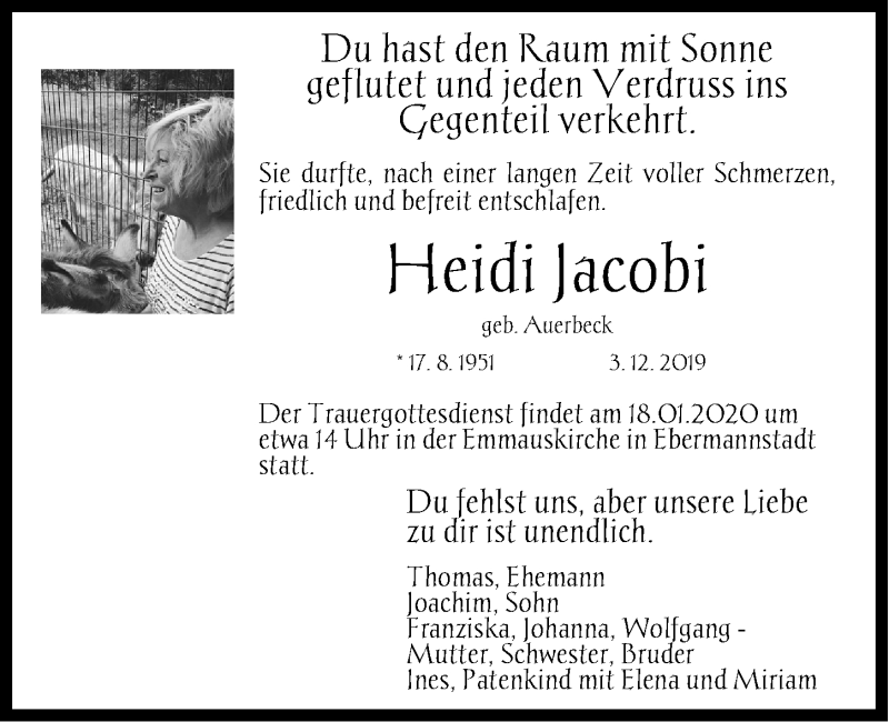  Traueranzeige für Heidi Jacobi vom 09.12.2019 aus Nordbayerische Nachrichten Forchheim Lokal