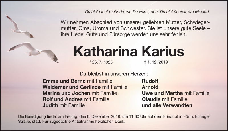  Traueranzeige für Katharina Karius vom 04.12.2019 aus Fürther Nachrichten Lokal
