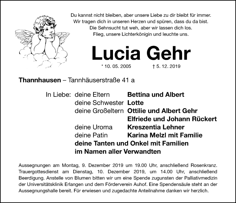  Traueranzeige für Lucia Gehr vom 07.12.2019 aus Neumarkter Nachrichten Lokal