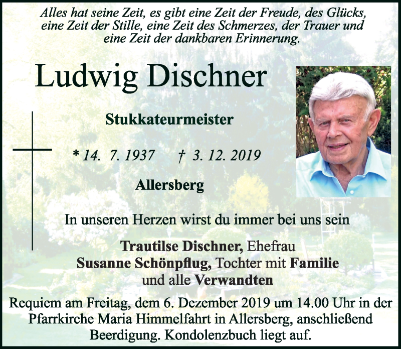  Traueranzeige für Ludwig Dischner vom 05.12.2019 aus Gesamtausgabe Nürnberger Nachrichten/ Nürnberger Ztg.