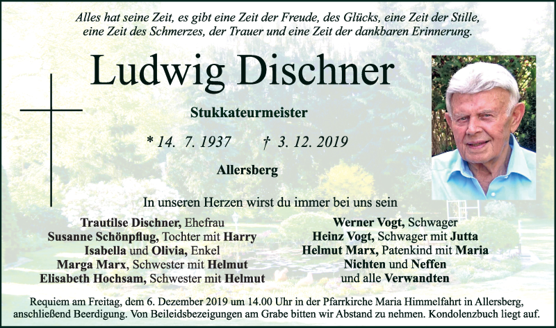  Traueranzeige für Ludwig Dischner vom 05.12.2019 aus Roth-Hilpoltsteiner Volkszeitung Lokal