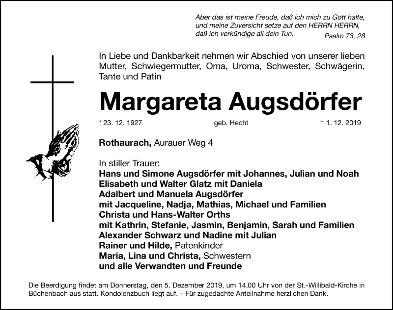  Traueranzeige für Margareta Augsdörfer vom 04.12.2019 aus Roth-Hilpoltsteiner Volkszeitung Lokal