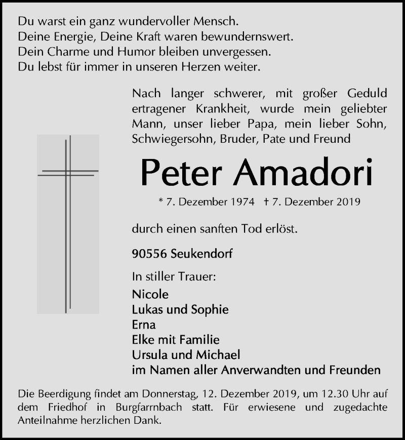  Traueranzeige für Peter Amadori vom 11.12.2019 aus Fürther Nachrichten Lokal