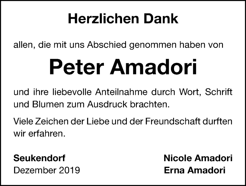  Traueranzeige für Peter Amadori vom 16.12.2019 aus Fürther Nachrichten Lokal