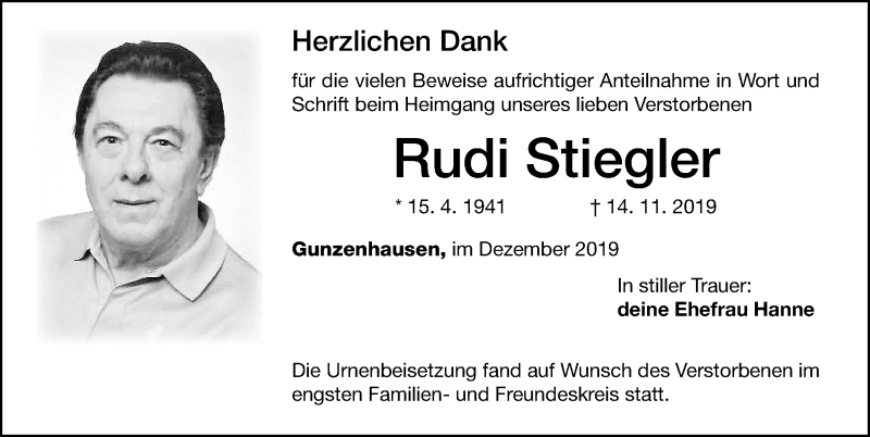  Traueranzeige für Rudi Stiegler vom 05.12.2019 aus Altmühl-Bote Lokal
