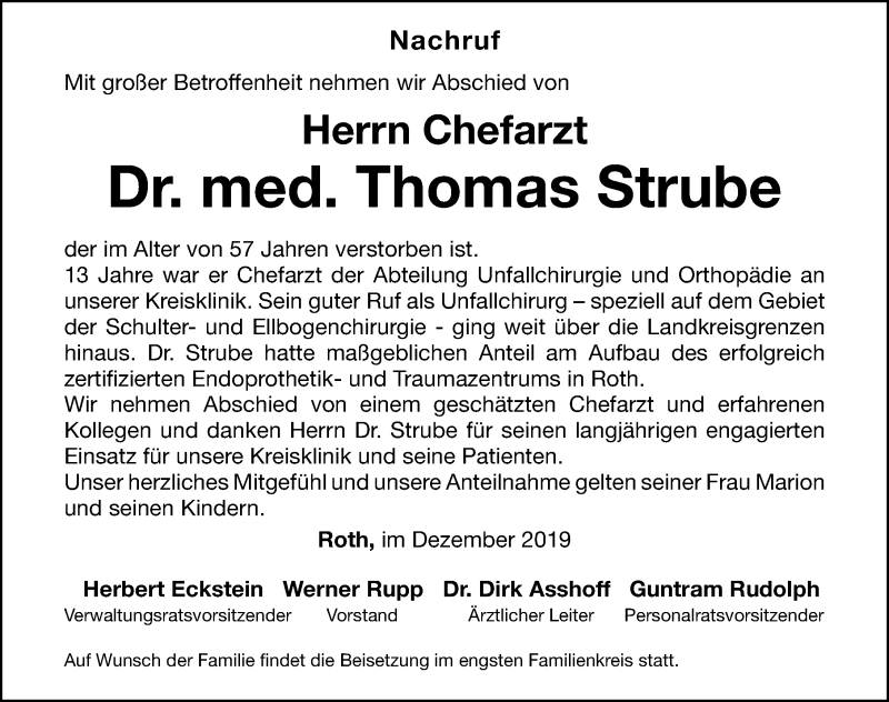  Traueranzeige für Thomas Strube vom 05.12.2019 aus Schwabach