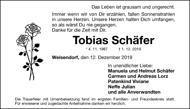  Traueranzeige für Tobias Schäfer vom 12.12.2019 aus Nordbayerische Nachrichten Herzogenaurach Lokal
