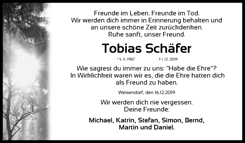  Traueranzeige für Tobias Schäfer vom 16.12.2019 aus Nordbayerische Nachrichten Herzogenaurach Lokal