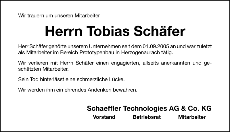  Traueranzeige für Tobias Schäfer vom 16.12.2019 aus Nordbayerische Nachrichten Herzogenaurach Lokal