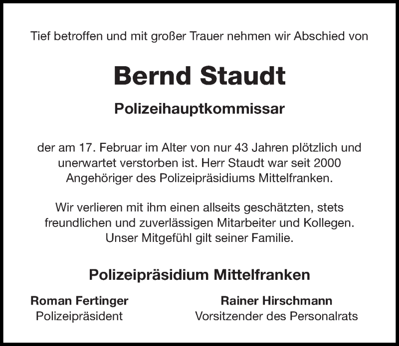 Traueranzeige für Bernd Staudt vom 21.02.2019 aus Gesamtausgabe Nürnberger Nachrichten/ Nürnberger Ztg.