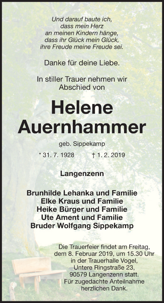  Traueranzeige für Helene Auernhammer vom 05.02.2019 aus Fürther Nachrichten Lokal