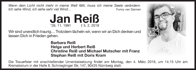  Traueranzeige für Jan Reiß vom 23.02.2019 aus Gesamtausgabe Nürnberger Nachrichten/ Nürnberger Ztg.