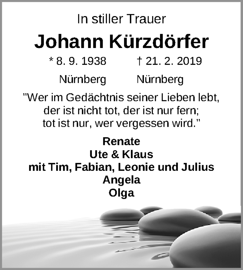 Traueranzeige für Johann Kürzdörfer vom 23.02.2019 aus Gesamtausgabe Nürnberger Nachrichten/ Nürnberger Ztg.