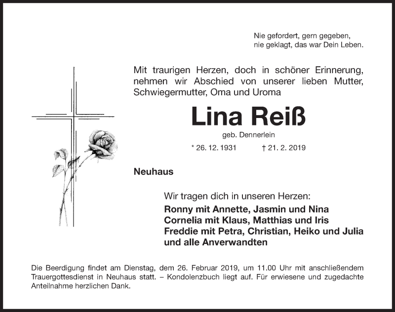  Traueranzeige für Lina Reiß vom 23.02.2019 aus Nordbayerische Nachrichten Herzogenaurach Lokal