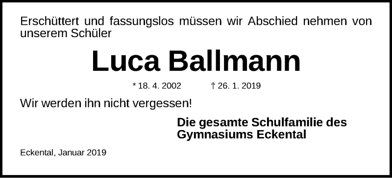  Traueranzeige für Luca Ballmann vom 02.02.2019 aus Gesamtausgabe Nürnberger Nachrichten/ Nürnberger Ztg.