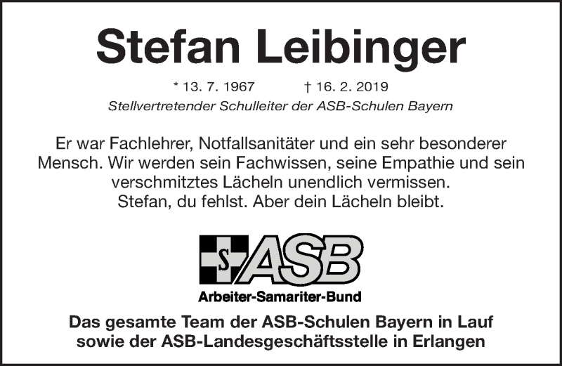  Traueranzeige für Stefan Leibinger vom 22.02.2019 aus Gesamtausgabe Nürnberger Nachrichten/ Nürnberger Ztg.