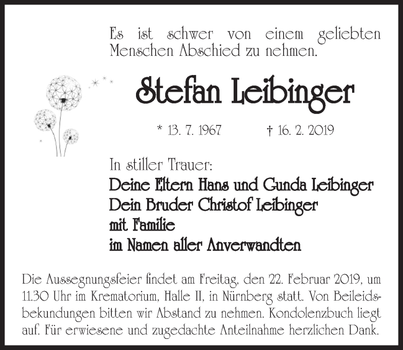  Traueranzeige für Stefan Leibinger vom 21.02.2019 aus Gesamtausgabe Nürnberger Nachrichten/ Nürnberger Ztg.