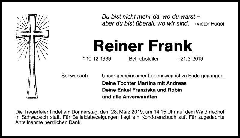  Traueranzeige für Reiner Frank vom 26.03.2019 aus Schwabacher Tagblatt
